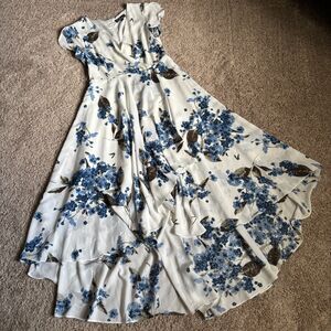 Lulus Dress Womens M White Blue Floral Surplice Top Fit & Flare Full Skirt